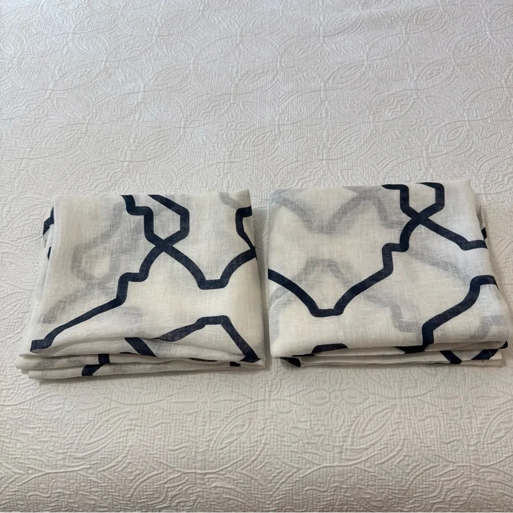 Set Of 2 Pottery Barn 50W x 84L Off-white/ Blue‎ 100% Linen Sheer Curtains